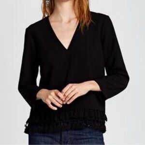 Zara Black Long Sleeve Tassel Hem Feather Trim V-neck Blouse